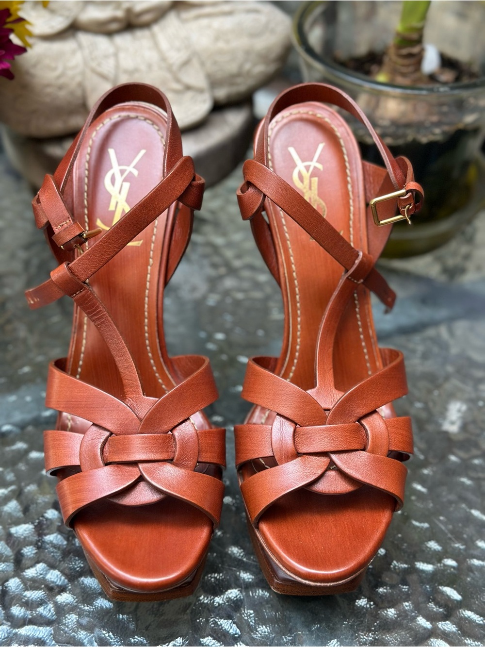 Yves Saint Laurent Tribute Cognac Brown Leather Platform Sandals - Brown